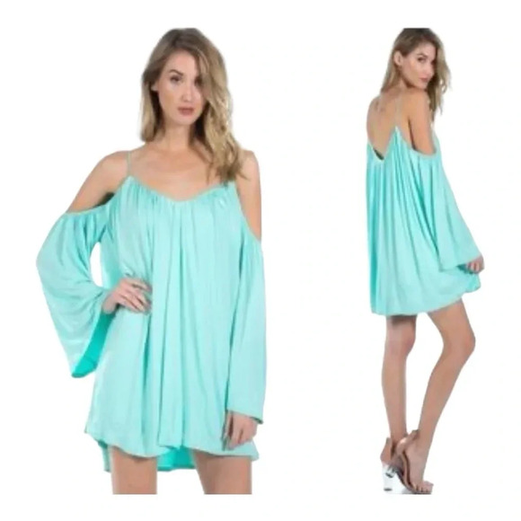 🩵‎ SAGE COLD SHOULDER TEAL DRESS NEW SMALL - Picture 1 of 6